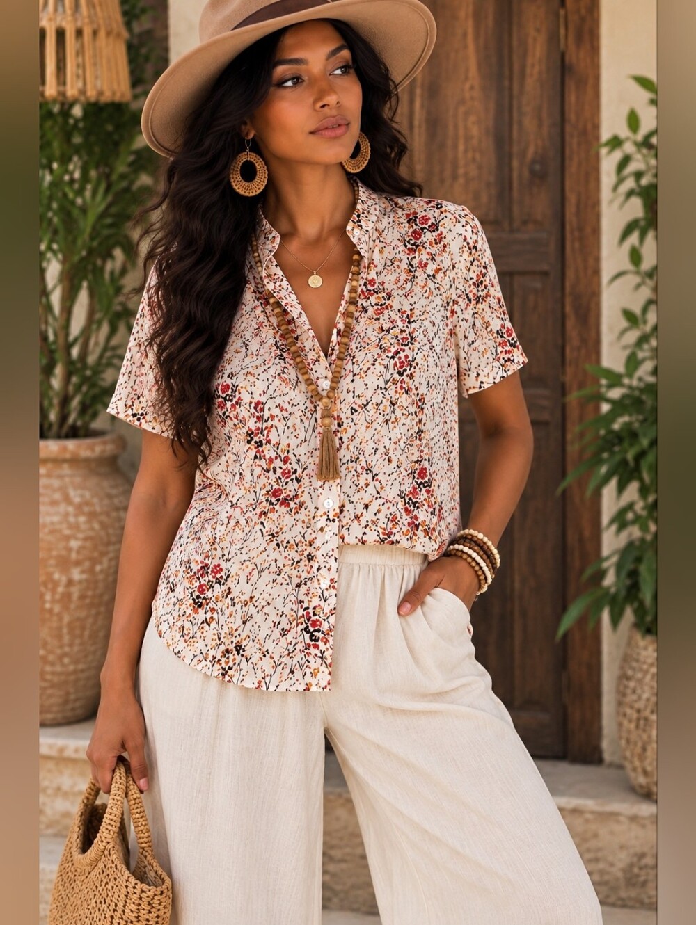 Joie Floral Ruffle Neck Short Sleeve Button Front Blouse Medium